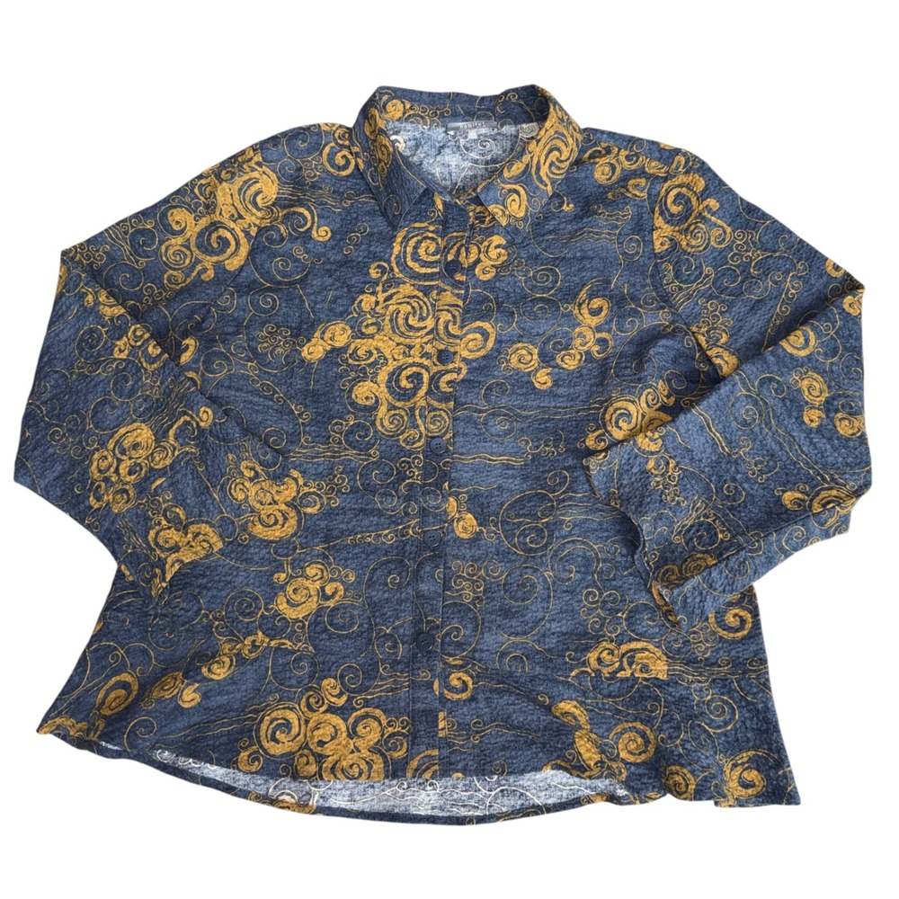 Habitat Woodblock Flounce Shirt Blue Swirl Print Button Down L Lagenlook Artsy - Picture 3 of 9